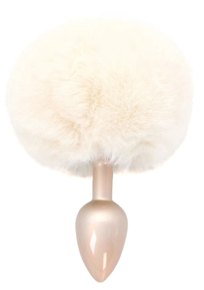 Witte pluizige konijnenstaart buttplug met glanzende, druppelvormige plug