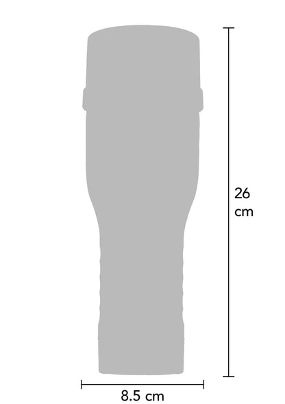 Afmetingenschets: grijze masturbator, 26 cm hoog en 8,5 cm breed