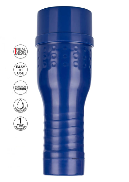 Blauwe Real Skin masturbator met opdruk en 'EASY TO USE' label