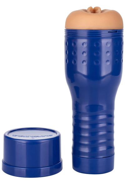 Blauw seksspeeltje met afneembare dop en opzetstuk