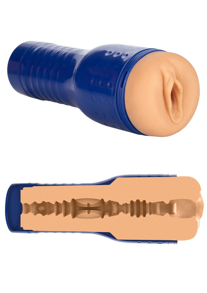 Blauw seksspeeltje met opengeklapte binnenkant en beige inzet met ribbels
