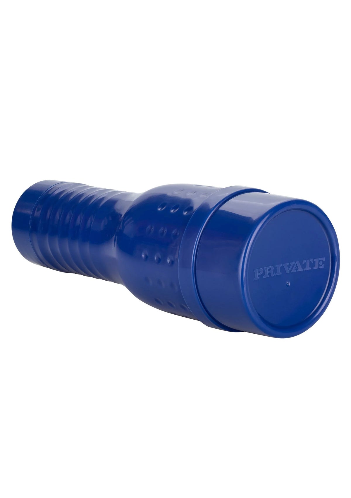 Blauw seksspeeltje met PRIVATE-opdruk op het uiteinde en ribbelgrepen