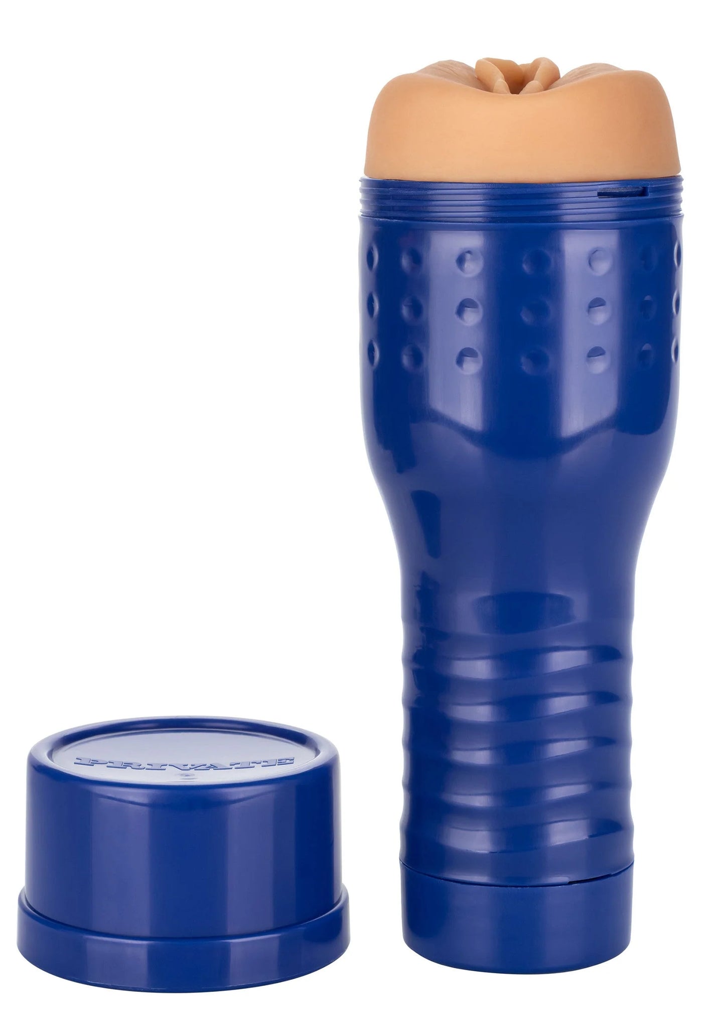 Blauwe opzetmasturbator met dopje, ronde huls met reliëfpunten en ribbels.