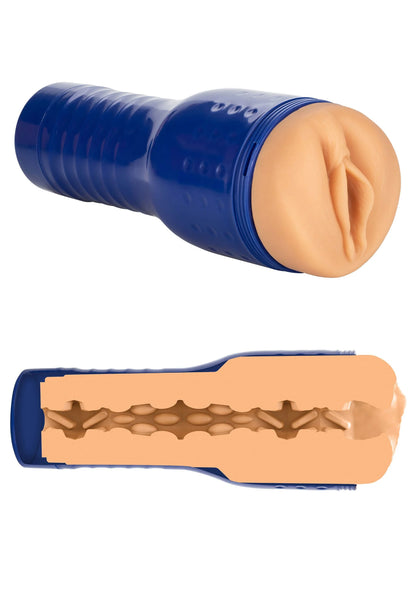 Blauwe opzetmasturbator met open zijde, beige binnenkant met reliëfstructuur.