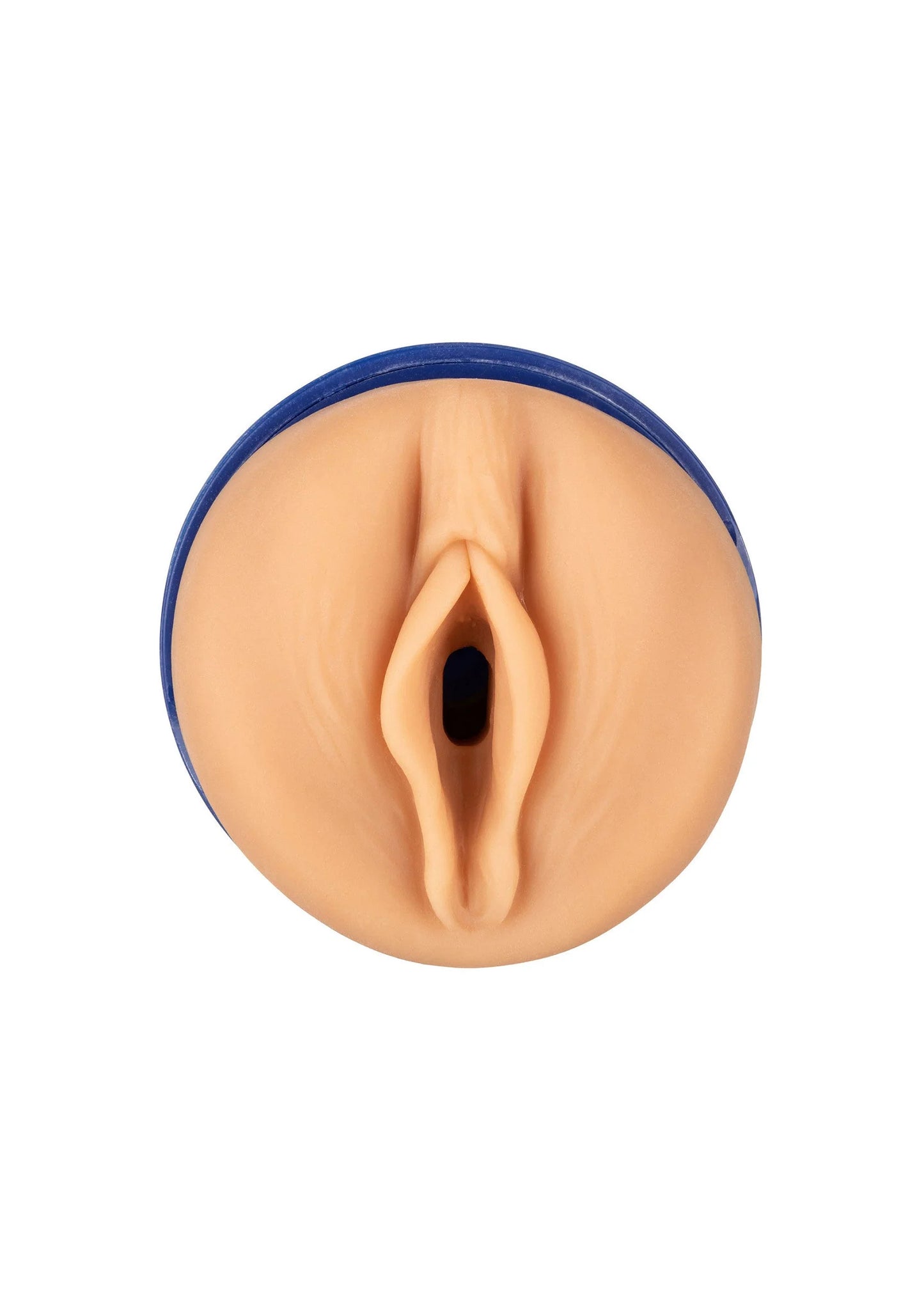 Blauwe opzetmasturbator, ronde opening aan de voorzijde met donkere kern.