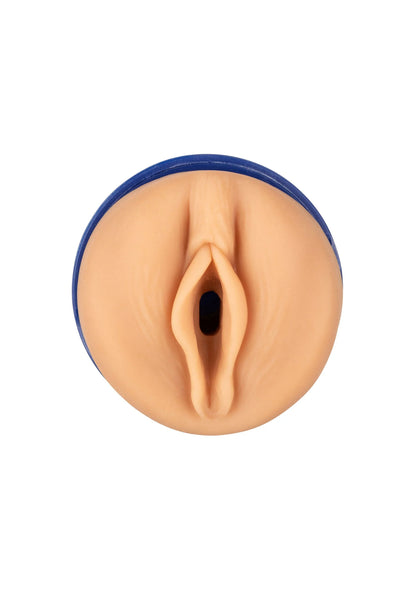 Blauwe opzetmasturbator, ronde opening aan de voorzijde met donkere kern.