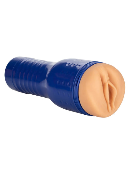 Blauwe opzetmasturbator in zijaanzicht, cilindrische huls met ribbels en textuur.