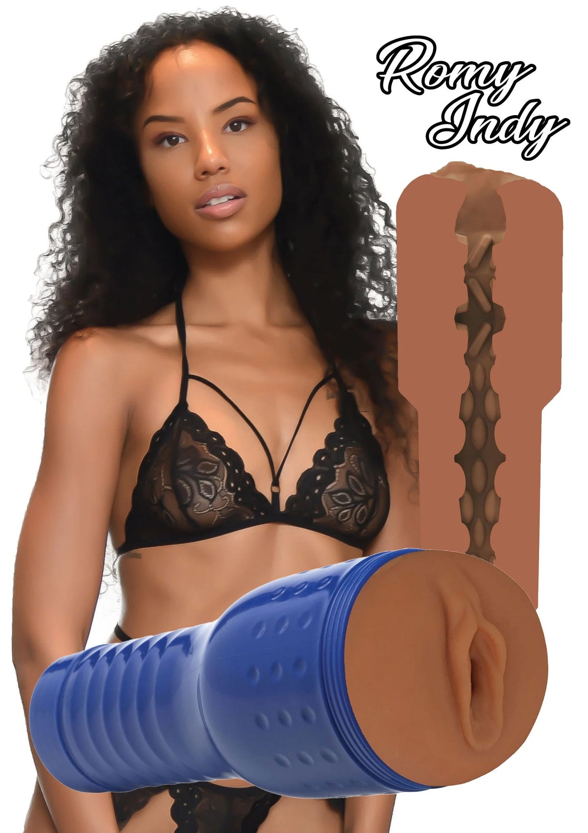 Romy Indy branding met blauwe cilindervormige intiem accessoire en zwarte kanten top