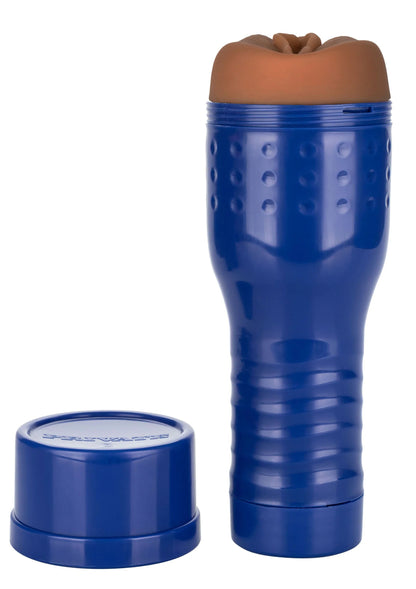 Blauwe cilindervormige intiem accessoire met ronde dop, close-up