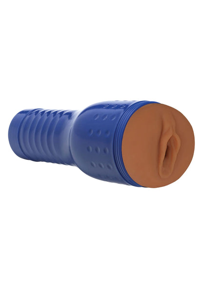 Blauw cilindervormig seksspeeltje met gestructureerde grip en ronde kop.