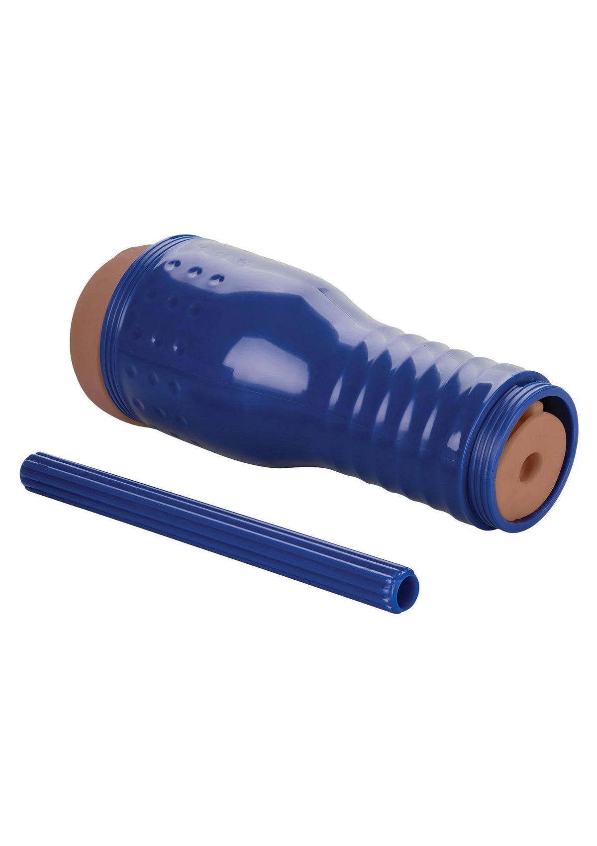 Blauw cilindervormig seksspeeltje met open uiteinde en afneembare staaf.
