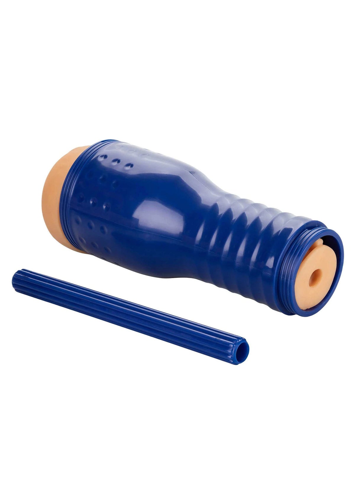 Blauwe cilinder seksspeeltje met inzetdop en losse staaf, ronde opening.