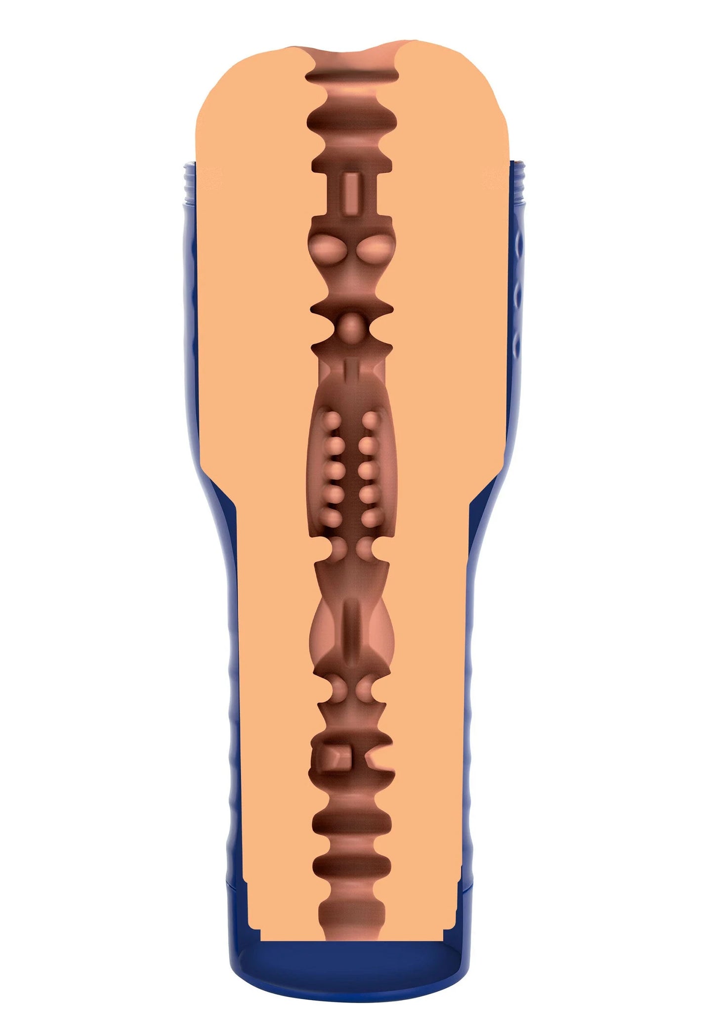 Doorsnede van blauw seksspeeltje met holle kern en reliëfstructuur.