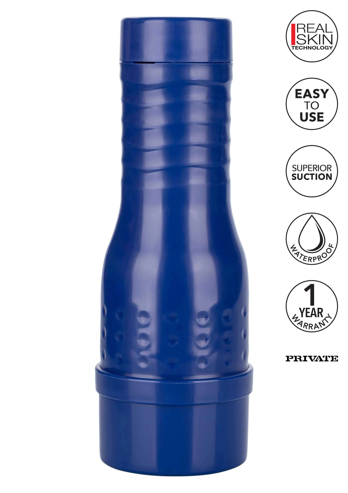 Blauwe buisvormige dildo met taps toelopende vorm en opstaande ribbels