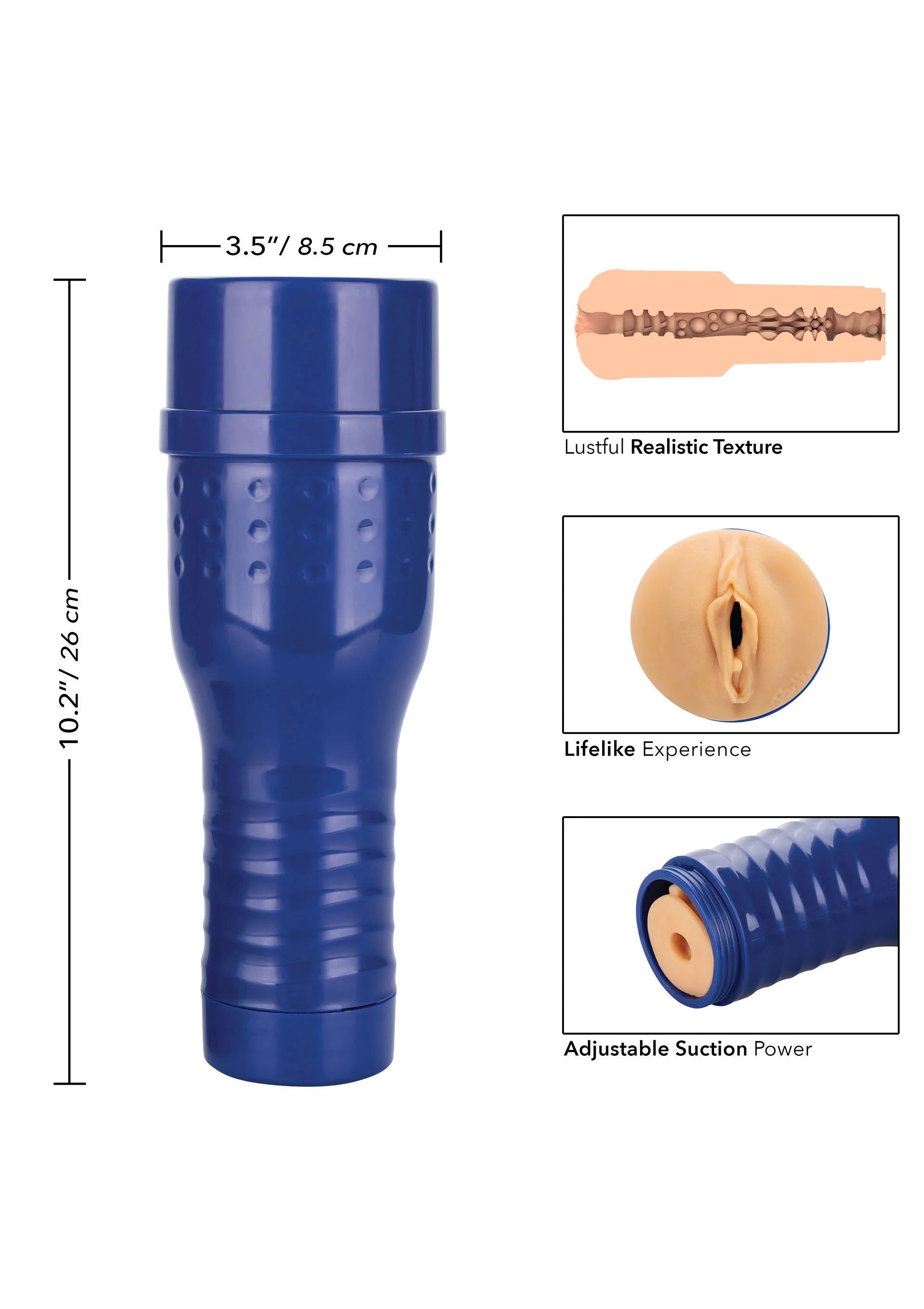 Blauwe buisvormige dildo met maatindicatie en geribbelde grip