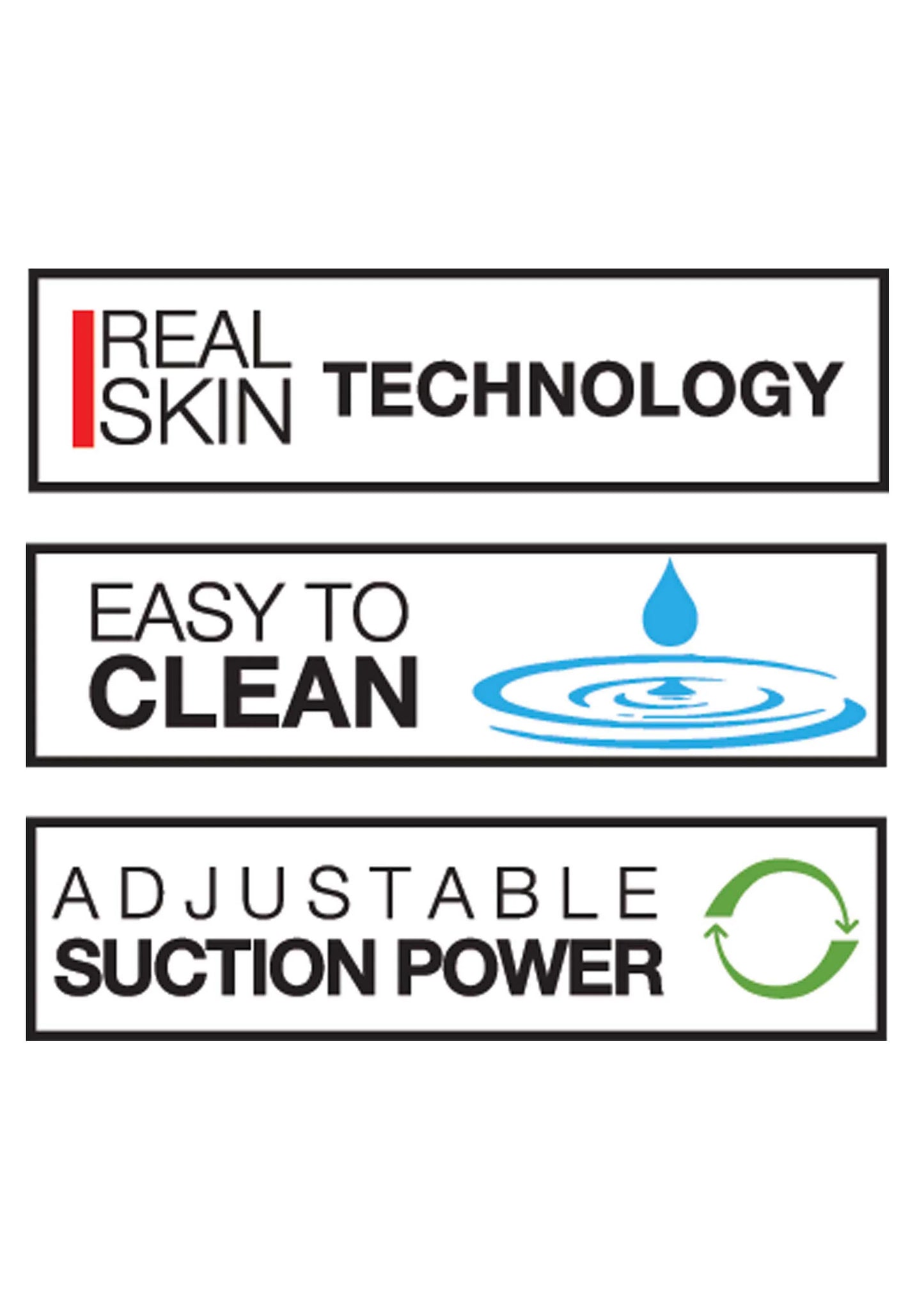 Infokaartjes met Real Skin Technology, Easy to Clean en verstelbare suction power