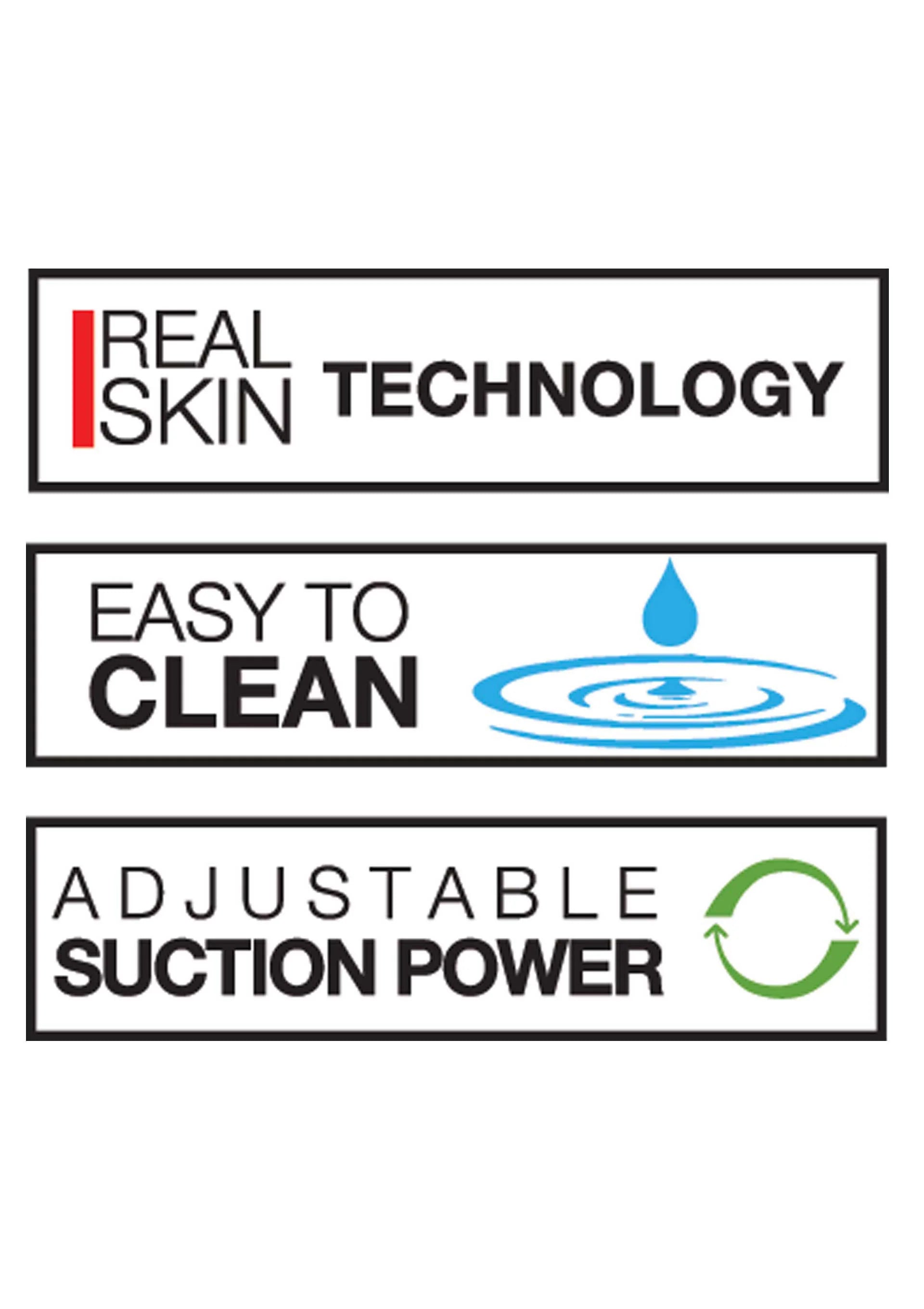 Infokaartjes met Real Skin Technology, Easy to Clean en verstelbare suction power