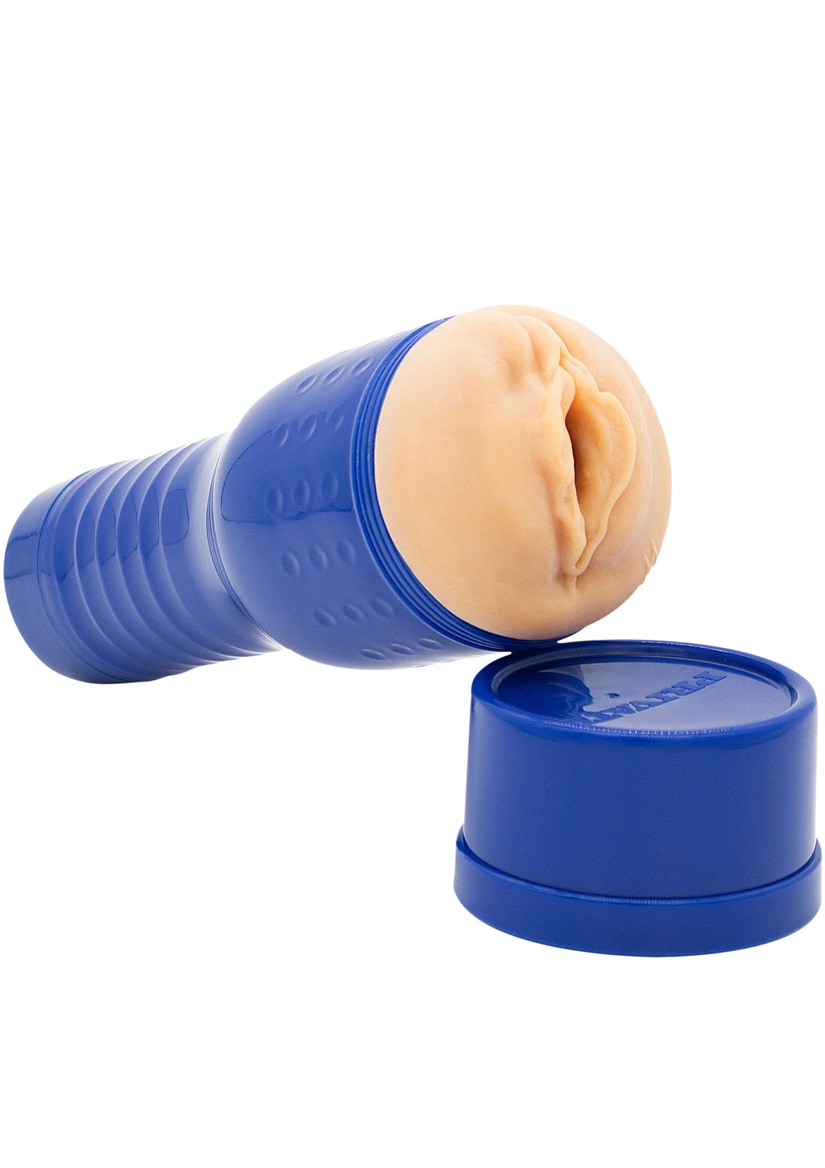 Blauwe realistische masturbator met beige opening en losse beschermdop