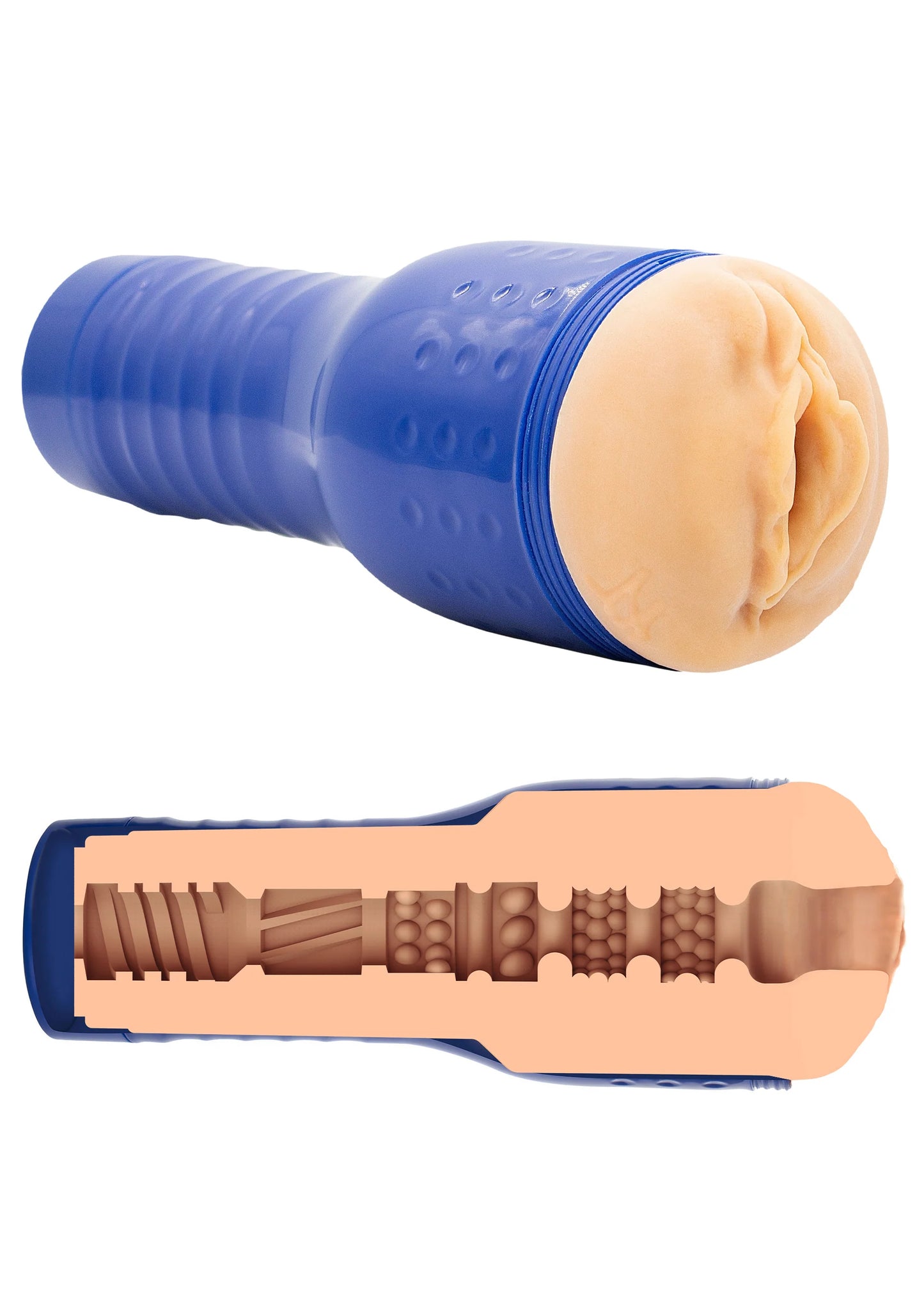 Blauwe masturbator met open zijde en zichtbare beige binnenstructuur