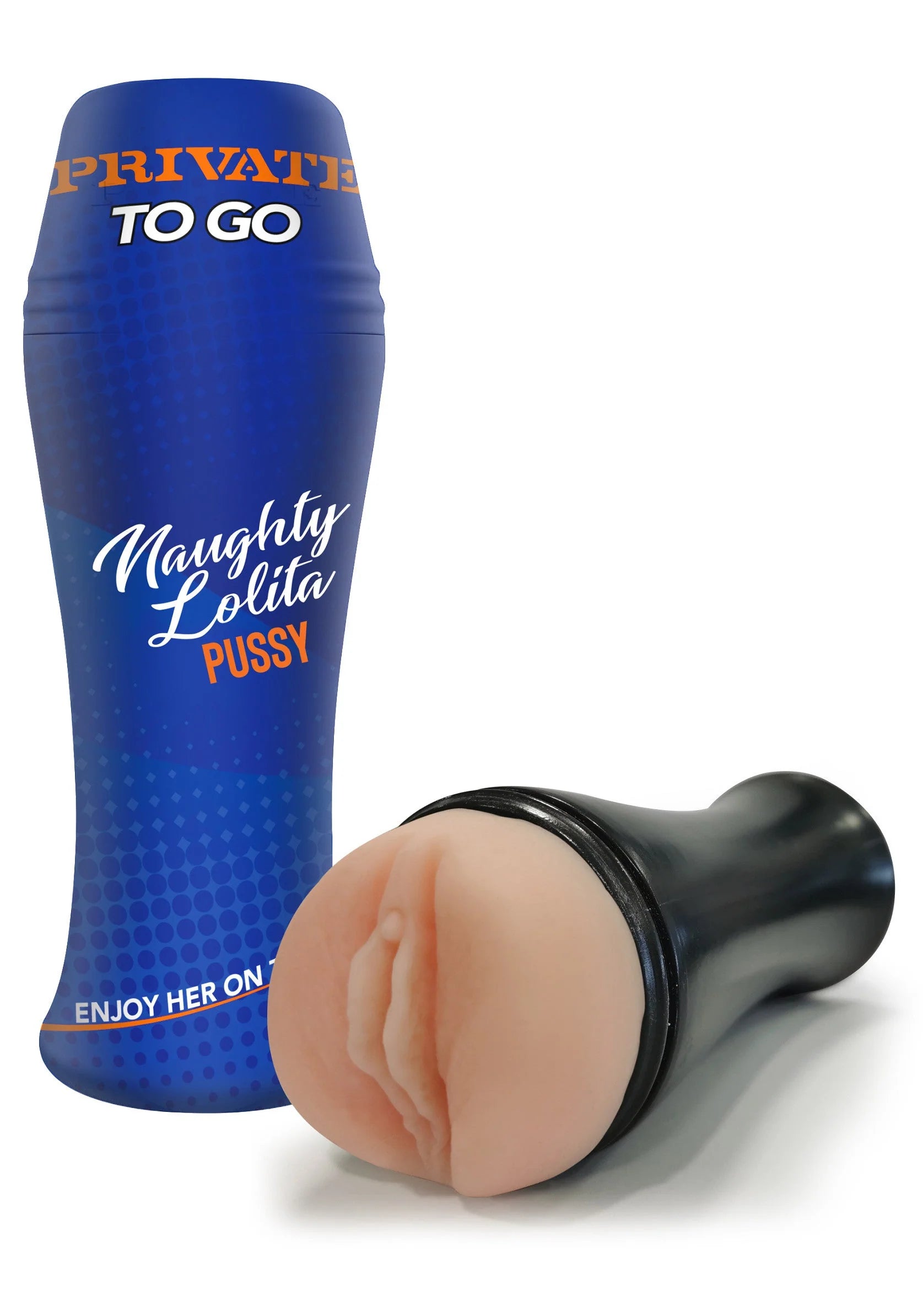 Blauwe dildo-masturbator met 'Private To Go' opdruk en open ring bij de punt