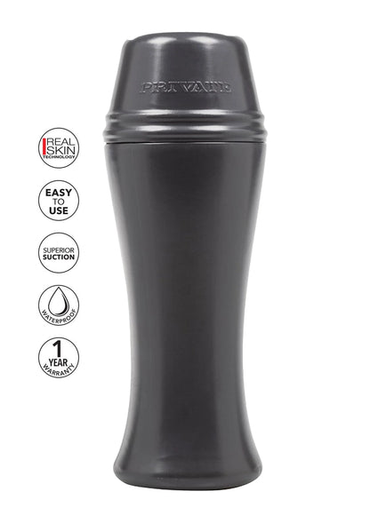 Zwarte masturbator met 'Private' bovenop en 'Real Skin' badge links