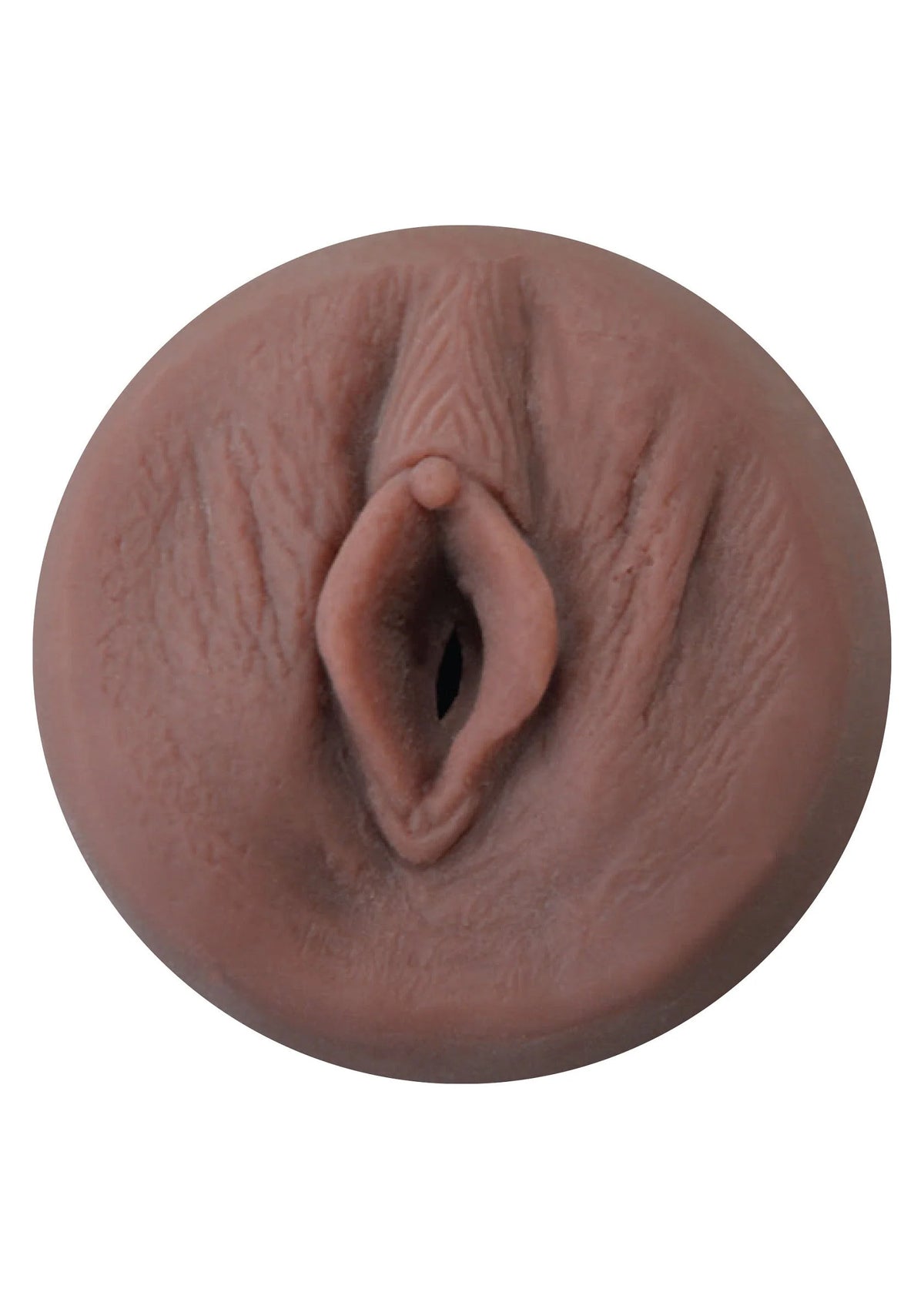 Close-up van bruin uitloopopening in ronde sextoy-behuizing