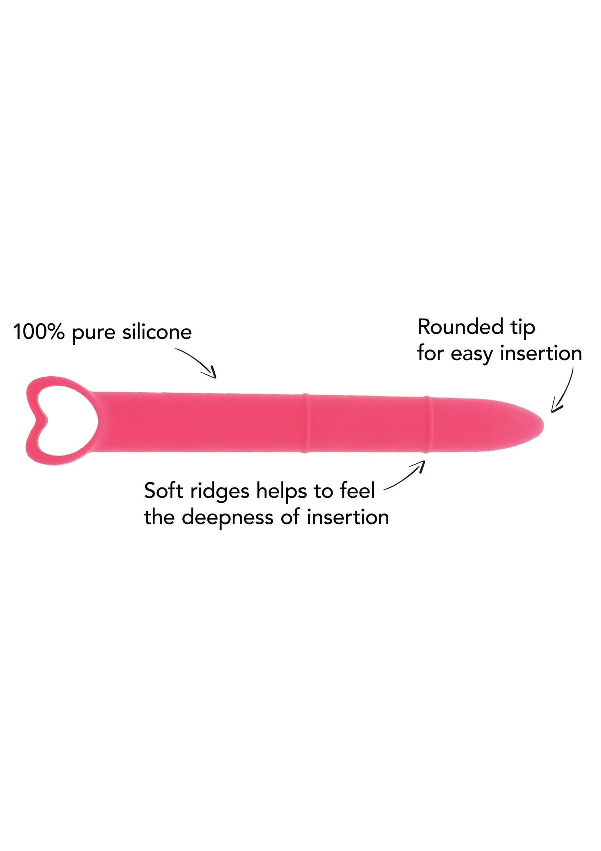 Roze siliconen vaginale dilator met ronde tip en zachte ribbels, met handlus