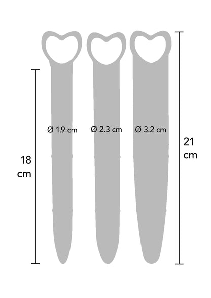 Afmetingen van siliconen vaginale dilatoren: 18 en 21 cm, Ø 1.9 tot 3.2 cm.