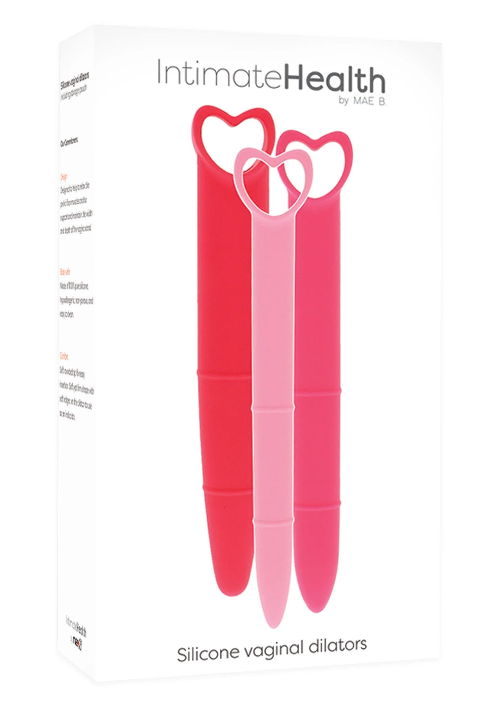 Verpakking met siliconen vaginale dilatoren, 3-delig set: rood en lichtroze.
