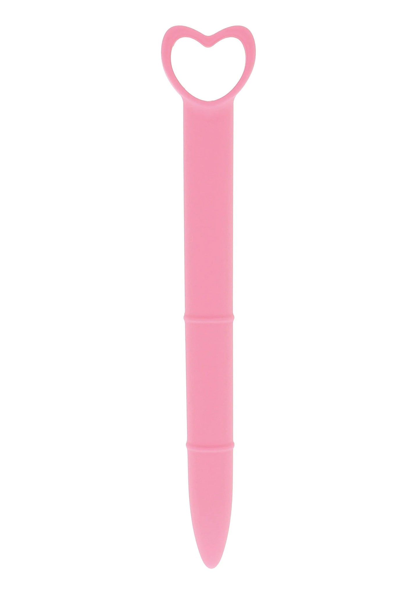 Lichtroze siliconen vaginale dilator met hartvormige opengewerkte greep.