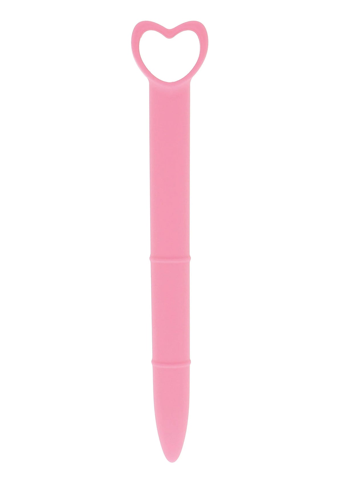 Lichtroze siliconen vaginale dilator met hartvormige opengewerkte greep.
