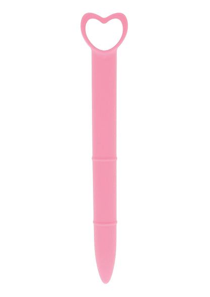 Lichtroze siliconen vaginale dilator met hartvormige opengewerkte greep.