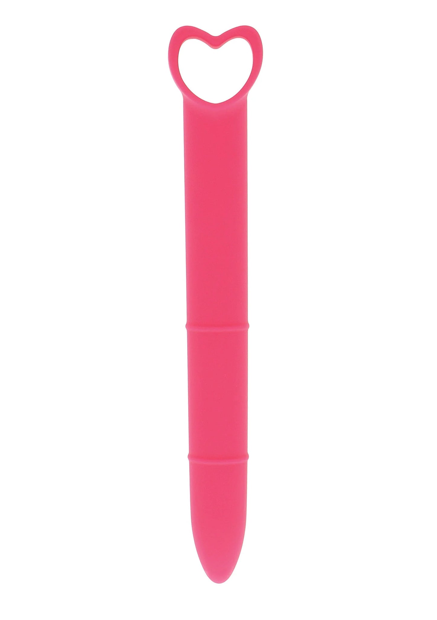 Roze siliconen vaginale dilator met hartvormige opengewerkte greep.