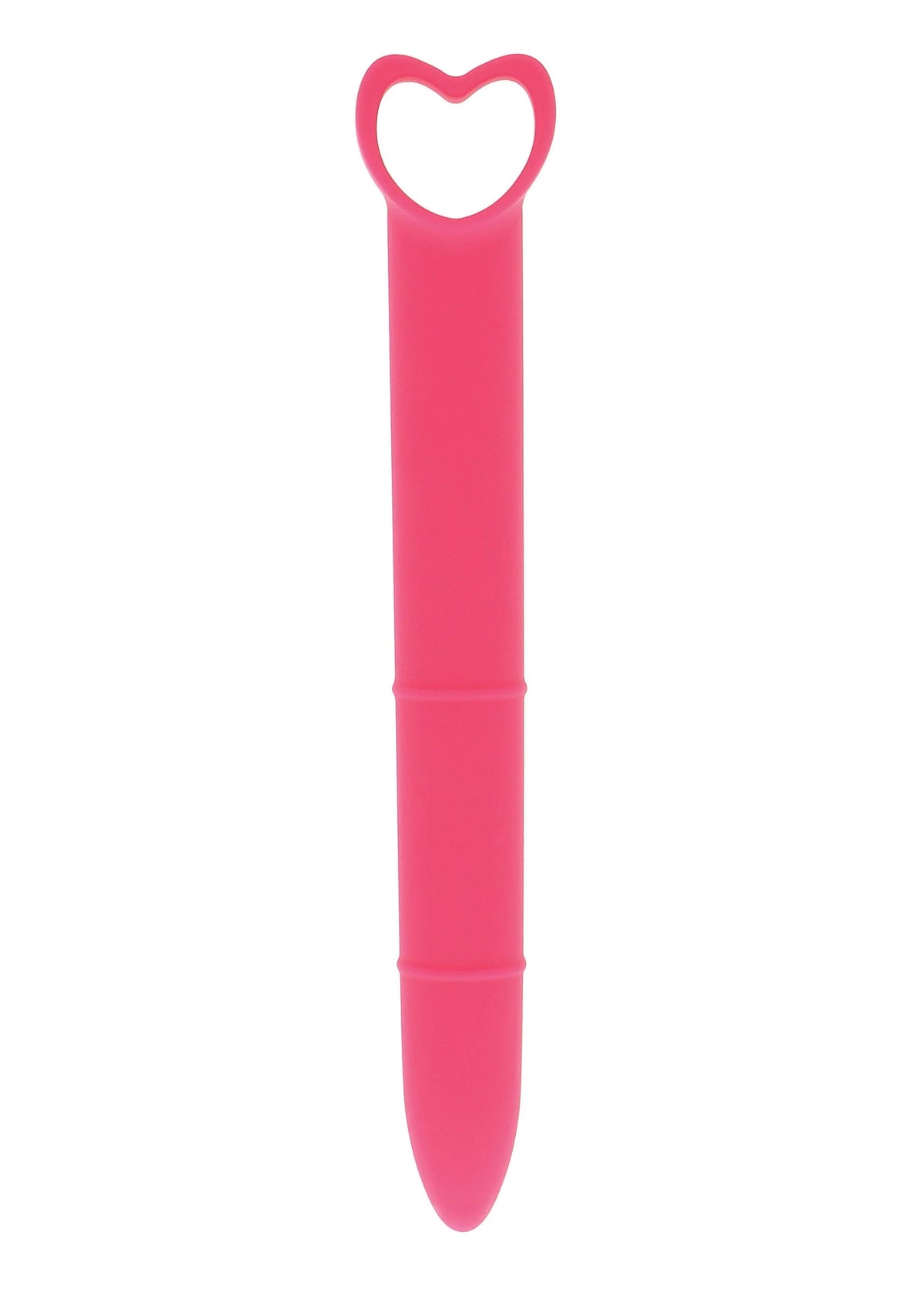 Roze siliconen vaginale dilator met hartvormige opengewerkte greep.