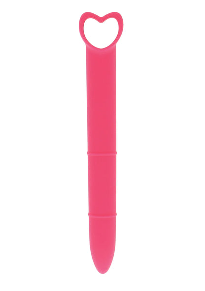 Roze siliconen vaginale dilator met hartvormige opengewerkte greep.