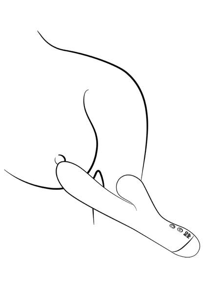 Blauwe vibrator met konijnvormige kop en knoppen, getekend zijaanzicht.