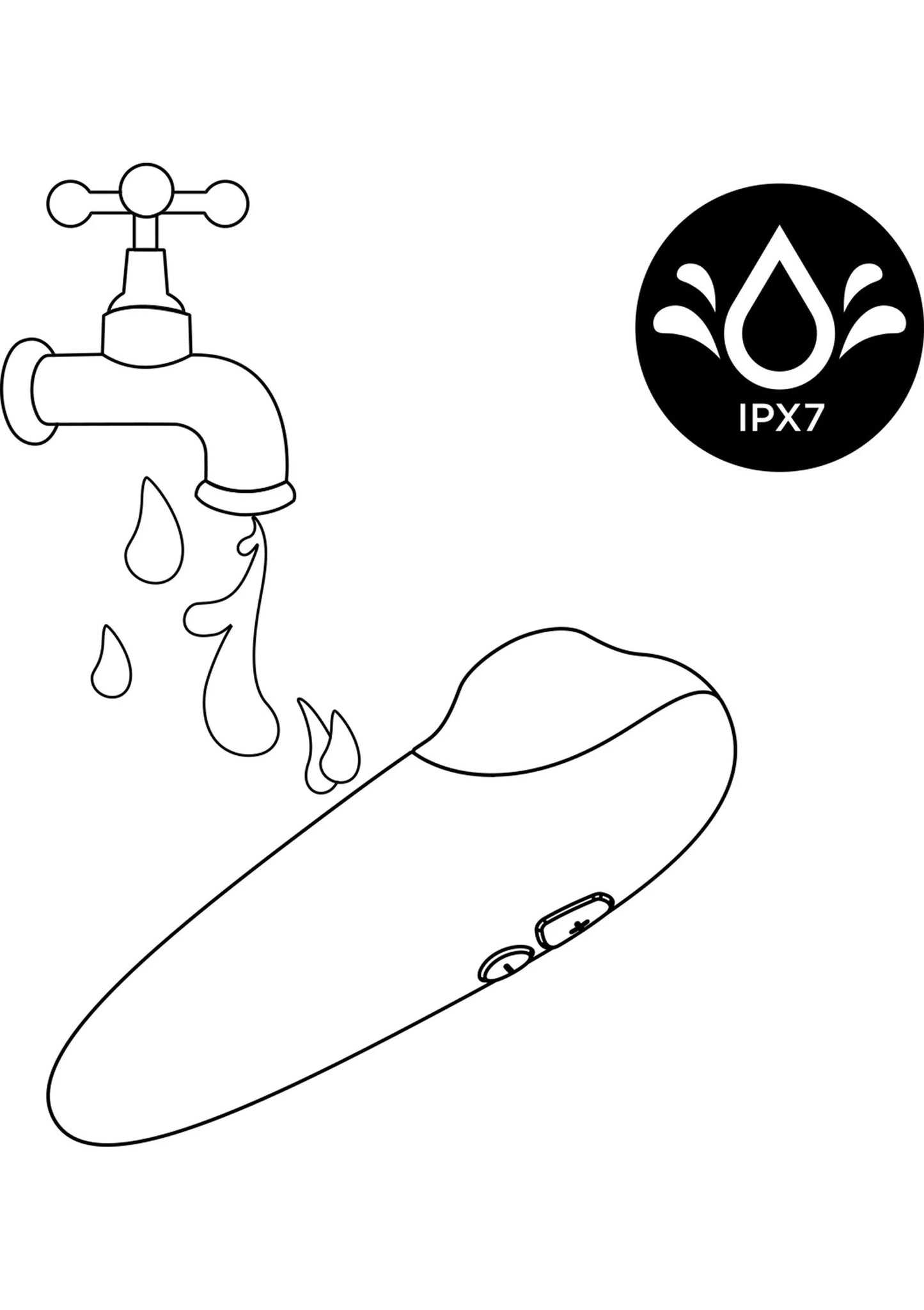 Schematische vibrator met waterdruppels en kraan; IPX7-logo zichtbaar.