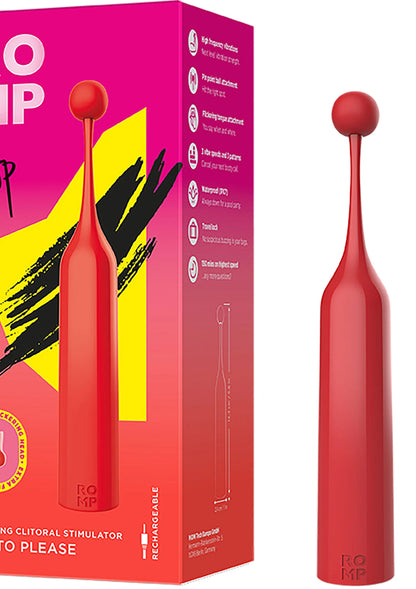 Romp tip-vibrator in rode verpakking en los afgebeeld, ronde kop en steel