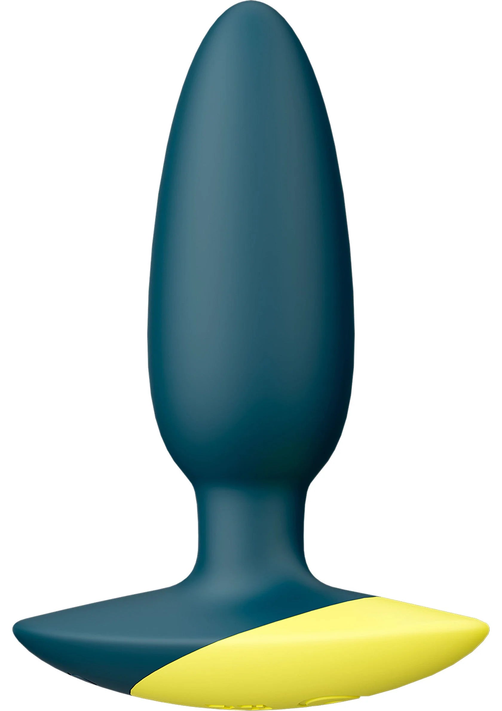 Vibrerende anaalplug in blauw met gele onderzijde en afgeronde basis.