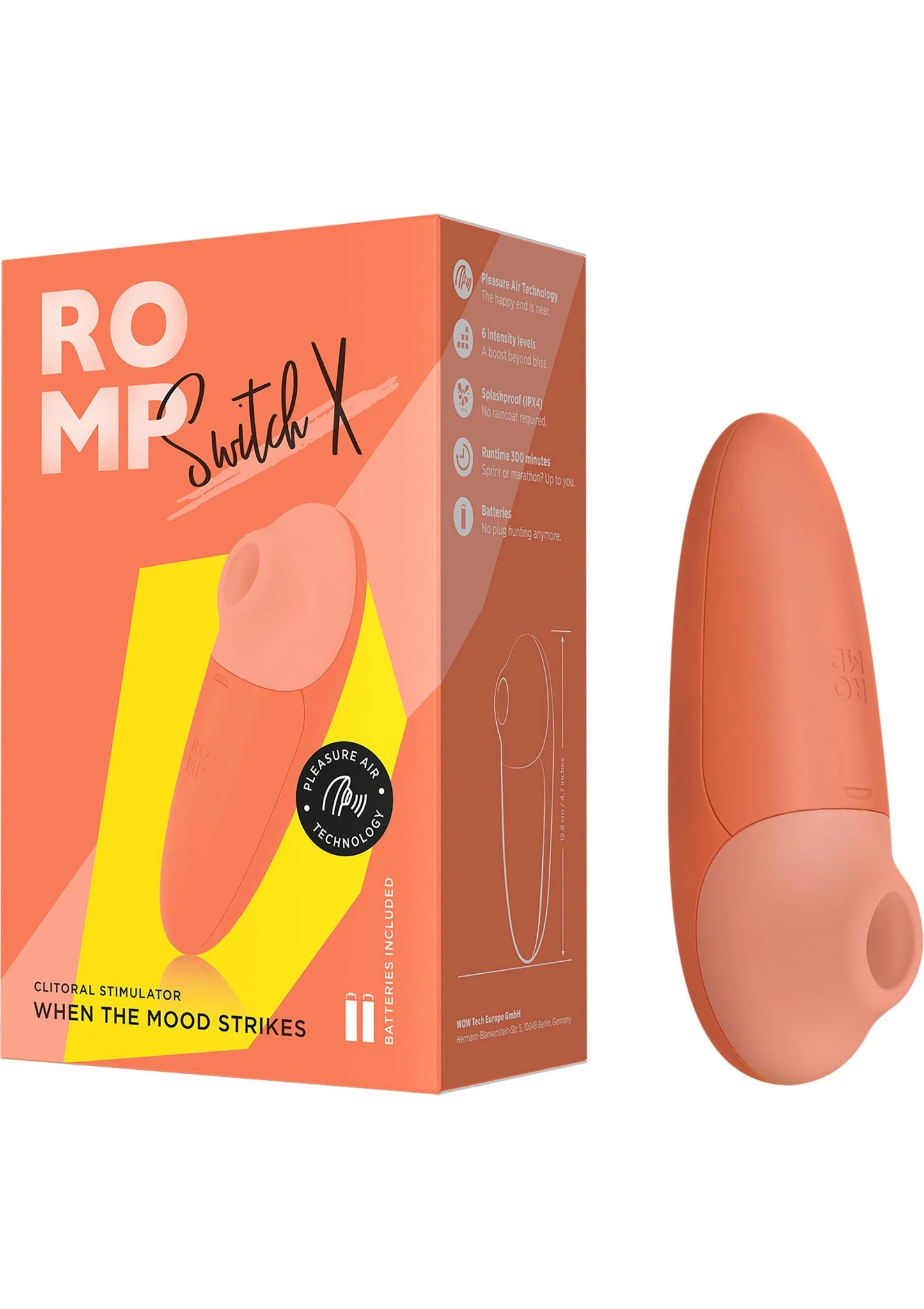 Doos en oranje stimulatieapparaat met ronde kop en brede body