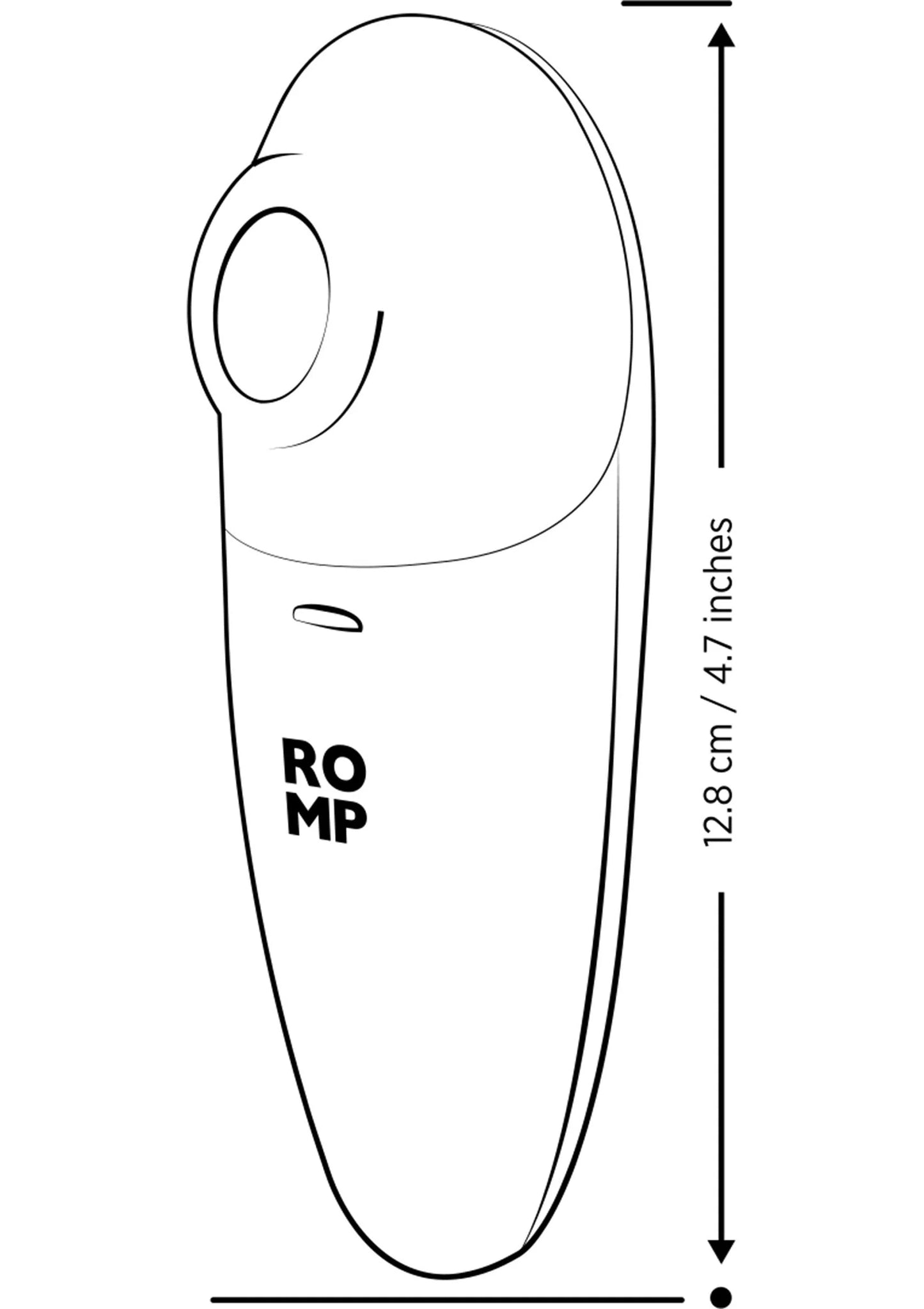 Zwarte compacte handheld massager met ROMP-logo en maatpijl