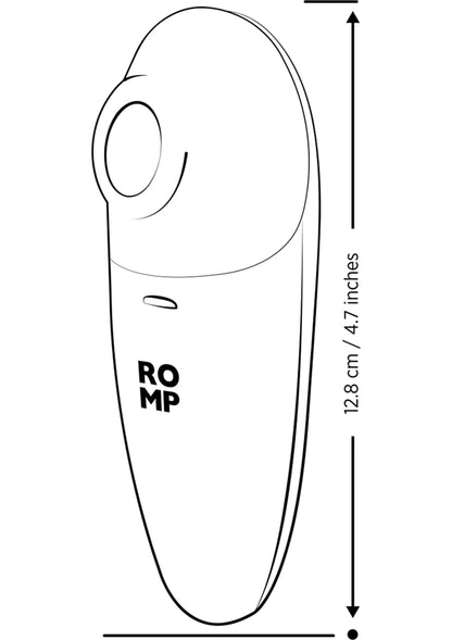 Zwarte compacte handheld massager met ROMP-logo en maatpijl