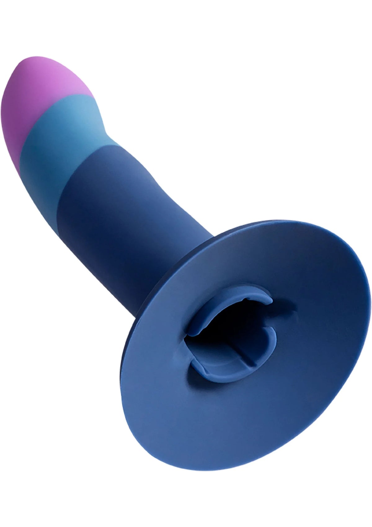 Blauwe dildo met paarse bovenkant en open zuignapbasis, zijaanzicht