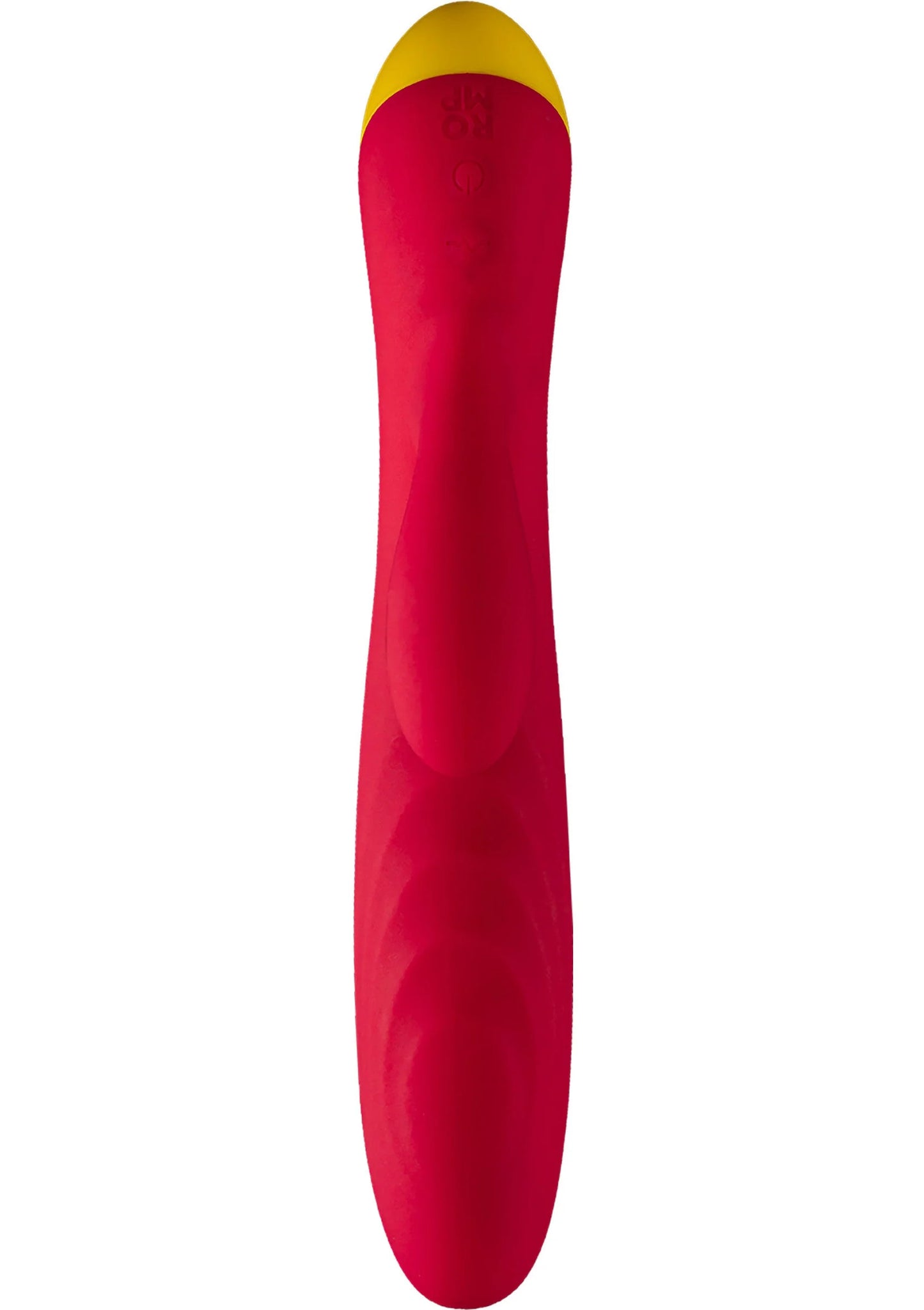 Rode seksvibrator met gele onderkant, langwerpige vorm in zijaanzicht