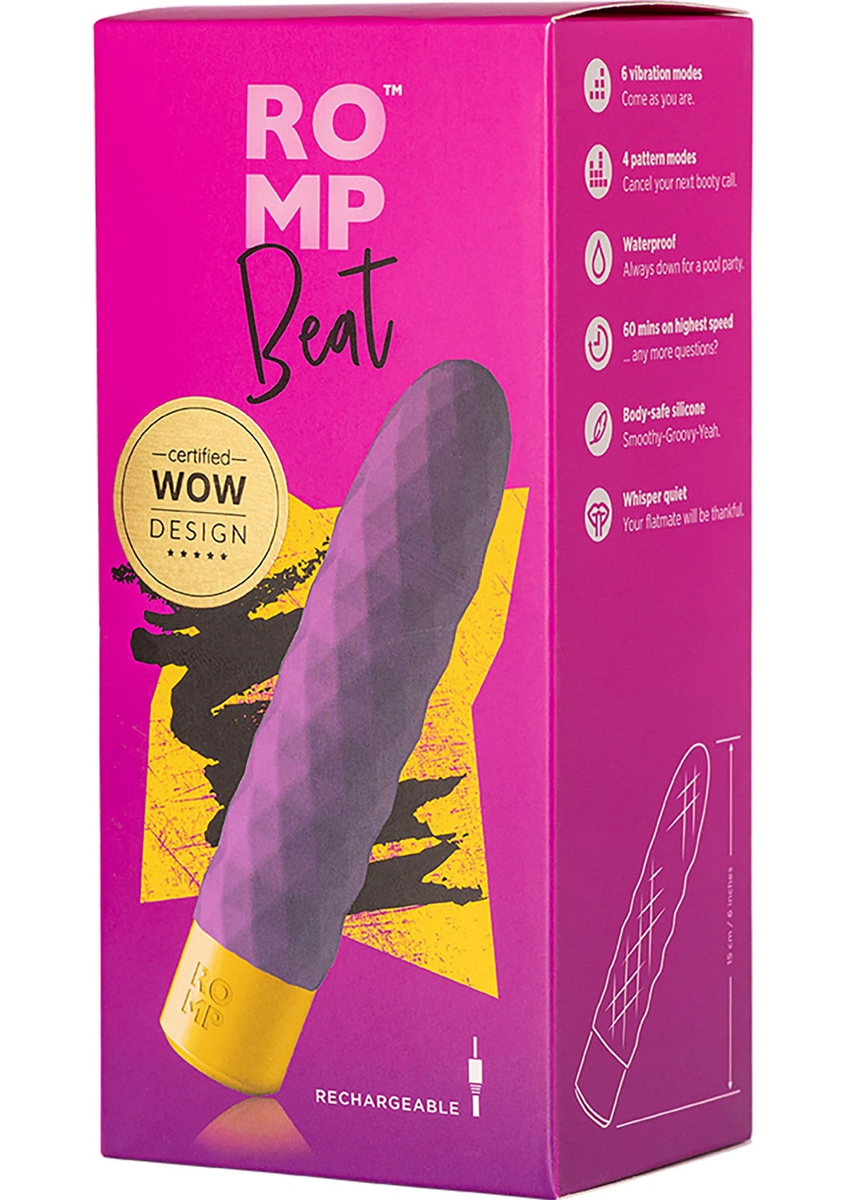 Paarse staafvibrator met gele kop en basis, in roze verpakking.