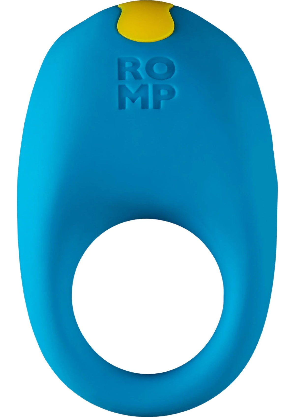 Vibrerende cockring blauw met ovale opening en geel knopje bovenop, vooraanzicht