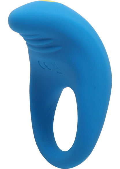 Vibrerende cockring blauw met ovale opening, close-up van zijkant