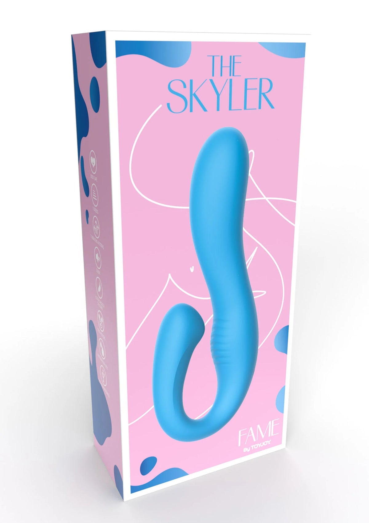 Doos met blauwe rabbit vibrator en illustraties, merk en productnaam zichtbaar.