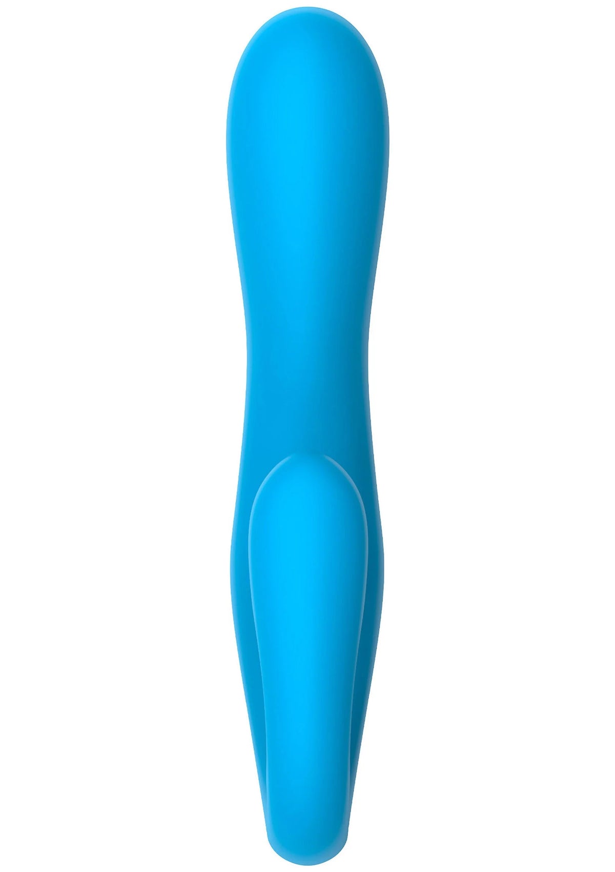 Blauwe rabbit vibrator recht van voren, gebogen staaf met gladde randen.