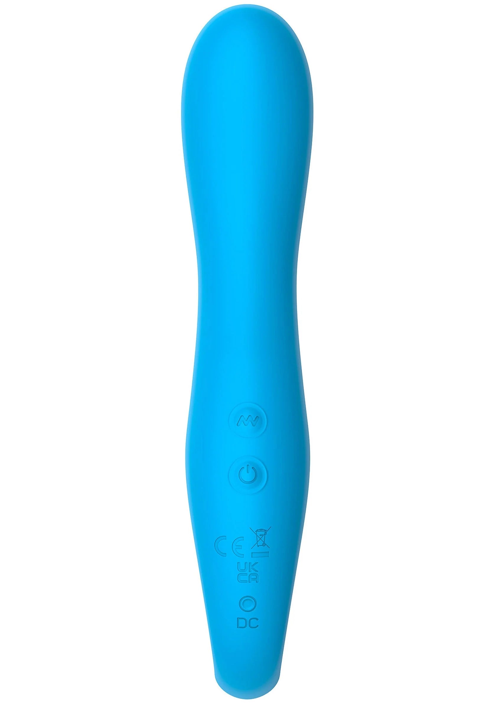 Blauwe rabbit vibrator van glad siliconen, met bedienknoppen en laadinfo